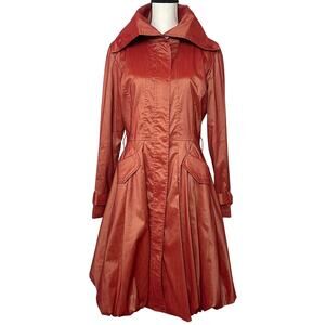 D&Y Long Trench Coat Orange Metallic Shimmer Collar Bubble Poof Hem Size M